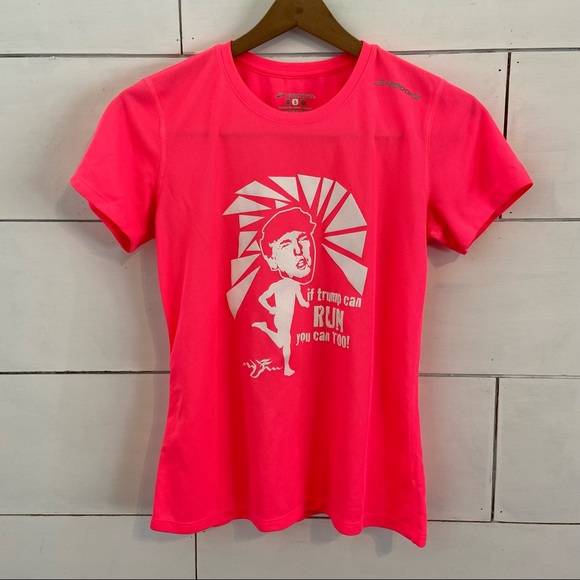 Brooks Neon Pink Short Sleeve Running Top “if trump can RUN you can TOO!” Size S - Picture 1 of 8